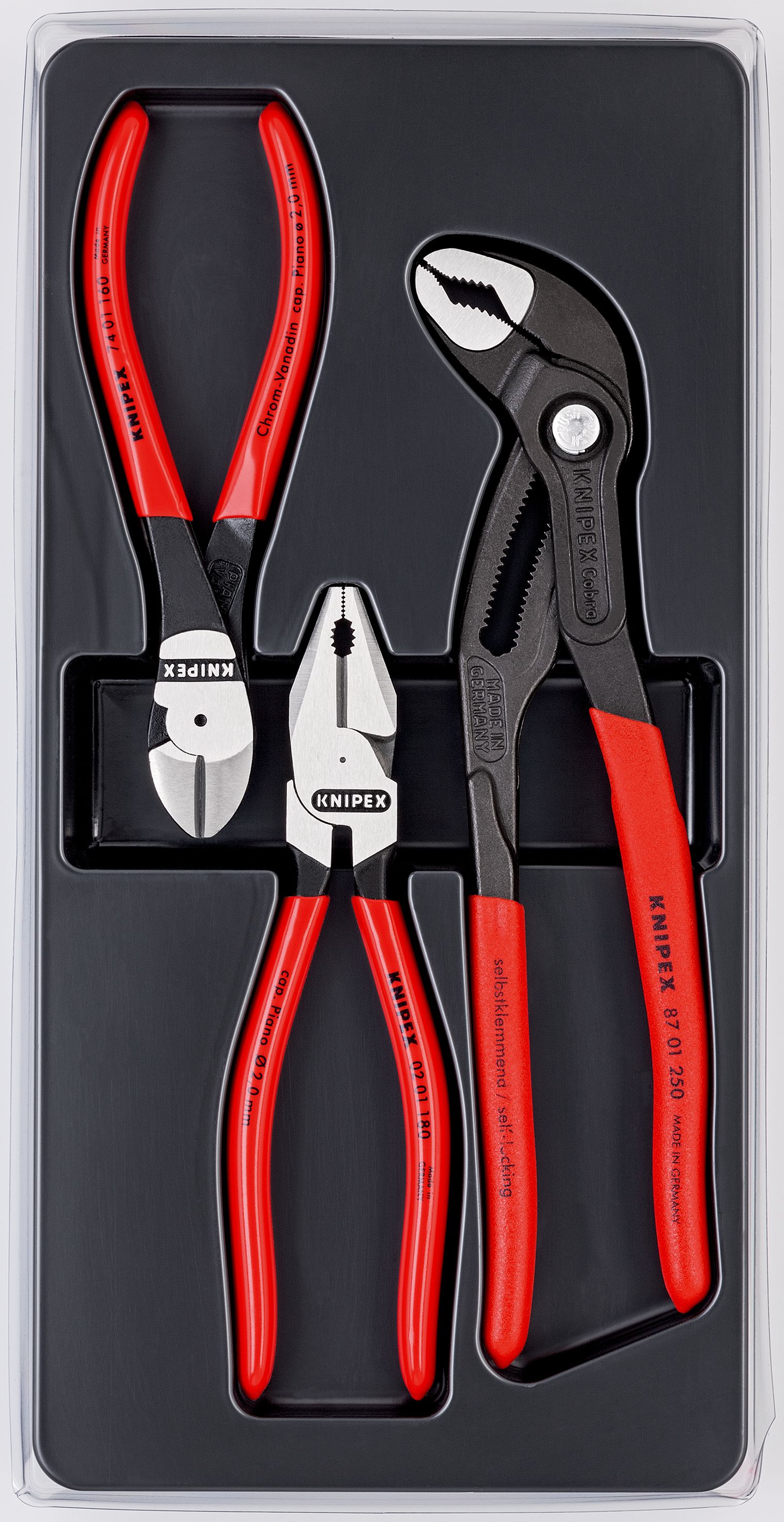 KNIPEX 00 20 10 Sada silových kleští 1x 02 01 180, 1x 87 01 250, 1x 74 01 160
