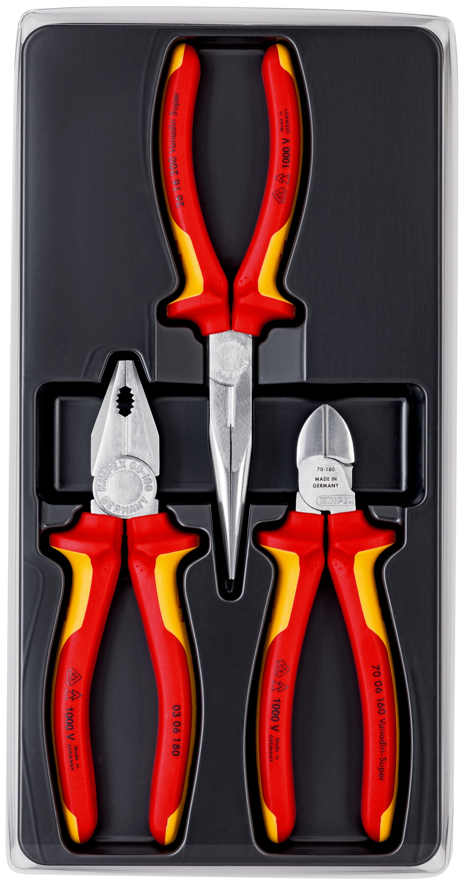 KNIPEX 00 20 12 Elektro set VDE 1 x 03 06 180, 1 x 26 16 200, 1 x 70 06 160