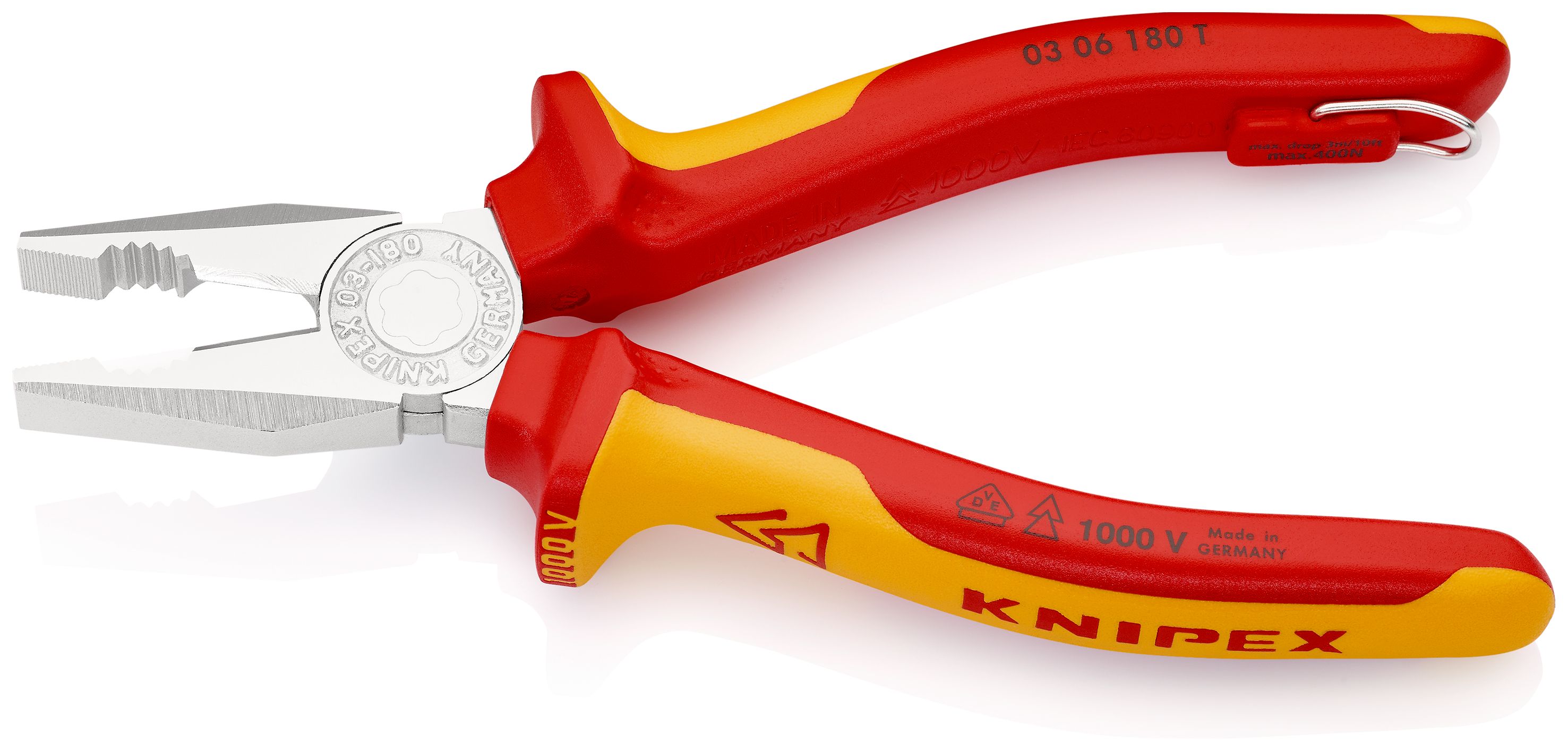 KNIPEX 03 06 180 T Kombinované kleště izolované s vícekomponentními dutinkami, odzkoušeny podle VDE, s integrovaným izolovaným připevňovacím okem pro připevnění pojistky proti upadnutí chromované 180 mm