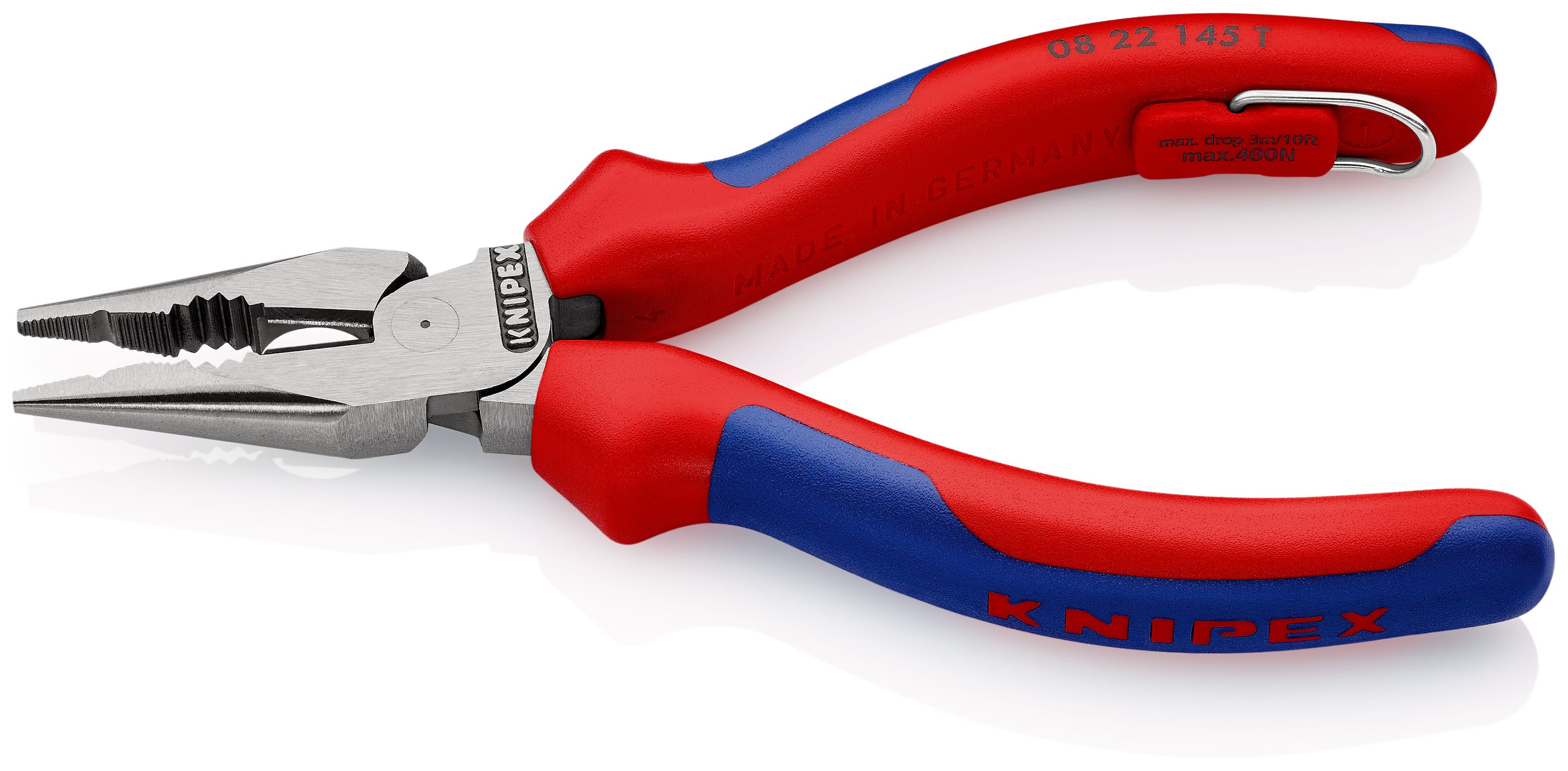 KNIPEX 08 22 145 T Kombinované úzké ploché kleště s vícesložkovými návleky, s integrovaným připevňovacím okem pro připevnění pojistky proti upadnutí atramentované na černo 145 mm