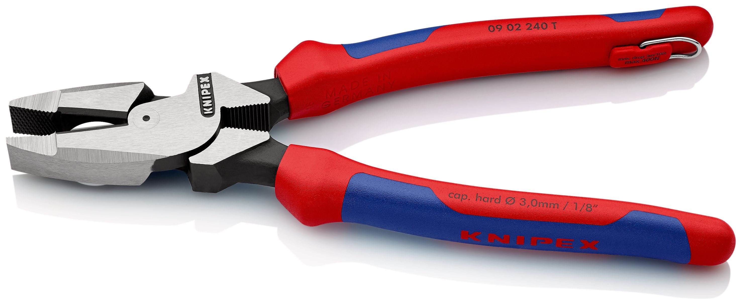 KNIPEX 09 02 240 T Silové kombinované kleště "Lineman's Pliers" s připevňovacím okem americký model s vícesložkovými návleky, s integrovaným připevňovacím okem pro připevnění pojistky proti upadnutí atramentované na černo 240 mm