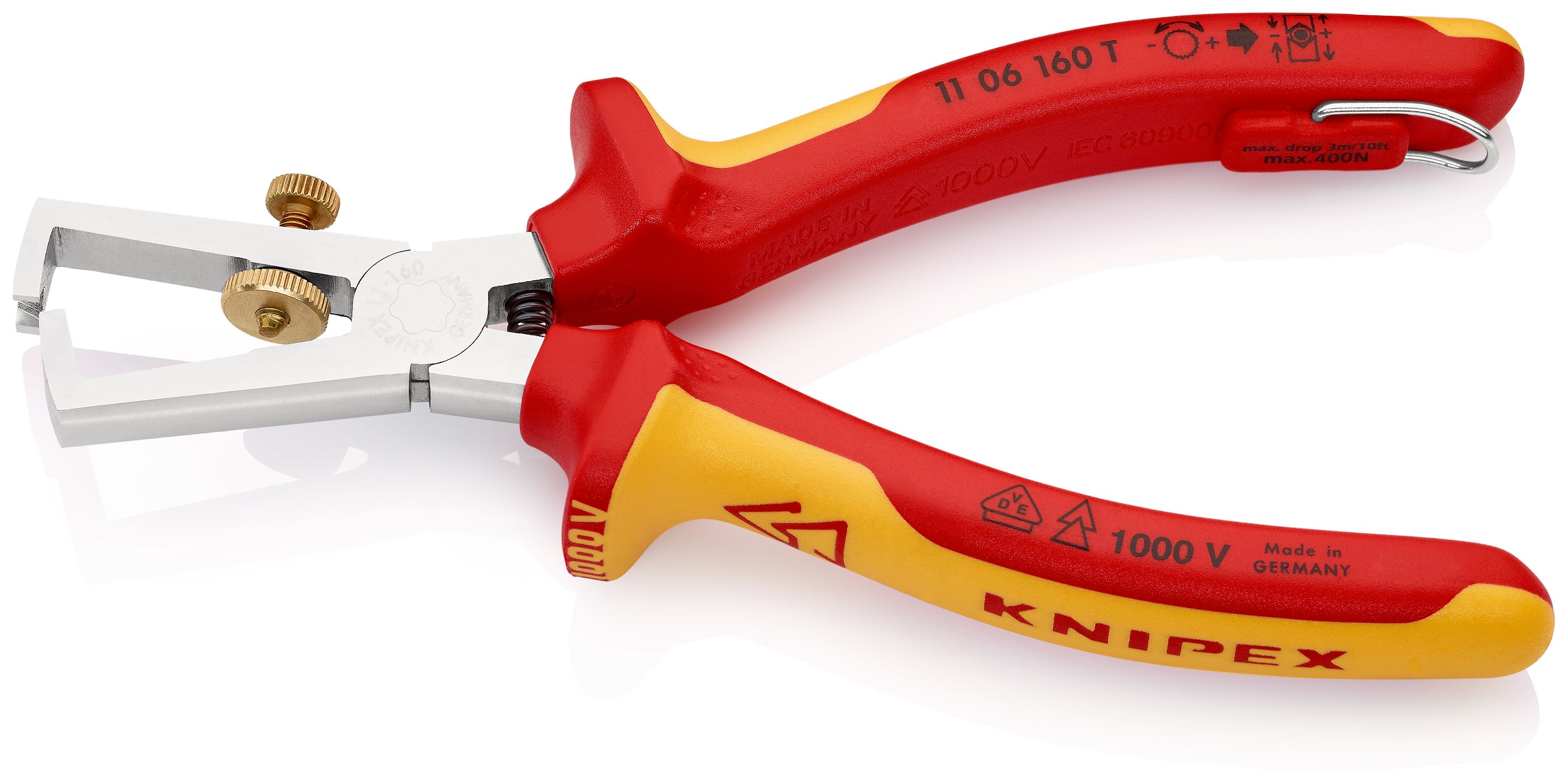 KNIPEX 11 06 160 T Odizolovací kleště S otevírací pružinou, univerzální izolované s vícekomponentními dutinkami, odzkoušeny podle VDE, s integrovaným izolovaným připevňovacím okem pro připevnění pojistky proti upadnutí chromované 160 mm