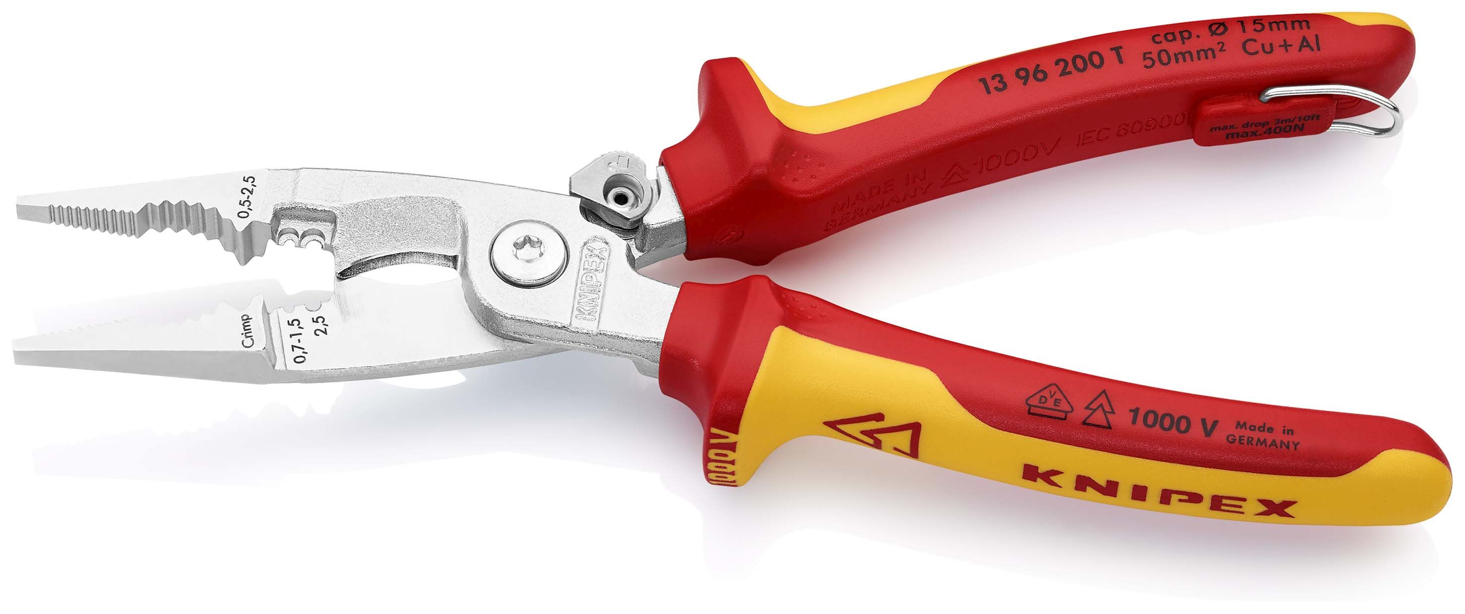 KNIPEX 13 96 200 T Elektroinstalační kleště izolované s vícekomponentními dutinkami, odzkoušeny podle VDE, s integrovaným izolovaným připevňovacím okem pro připevnění pojistky proti upadnutí chromované 200 mm