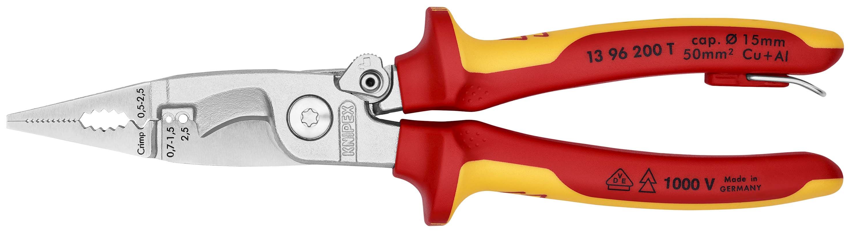 KNIPEX 13 96 200 T Elektroinstalační kleště izolované s vícekomponentními dutinkami, odzkoušeny podle VDE, s integrovaným izolovaným připevňovacím okem pro připevnění pojistky proti upadnutí chromované 200 mm