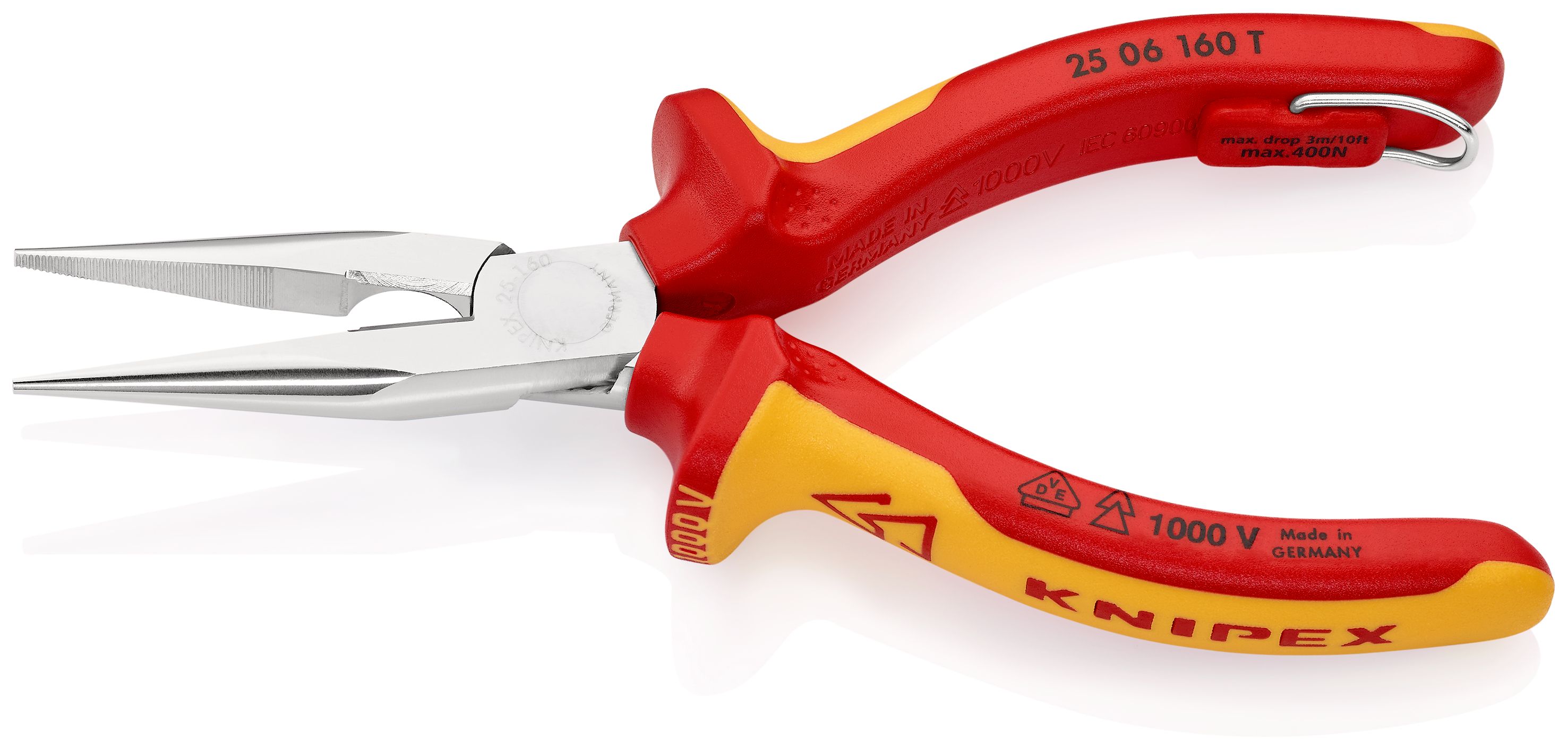 KNIPEX 25 06 160 T Půlkulaté kleště s břity (Kleště pro radiotechniku) izolované s vícekomponentními dutinkami, odzkoušeny podle VDE, s integrovaným izolovaným připevňovacím okem pro připevnění pojistky proti upadnutí chromované 160 mm