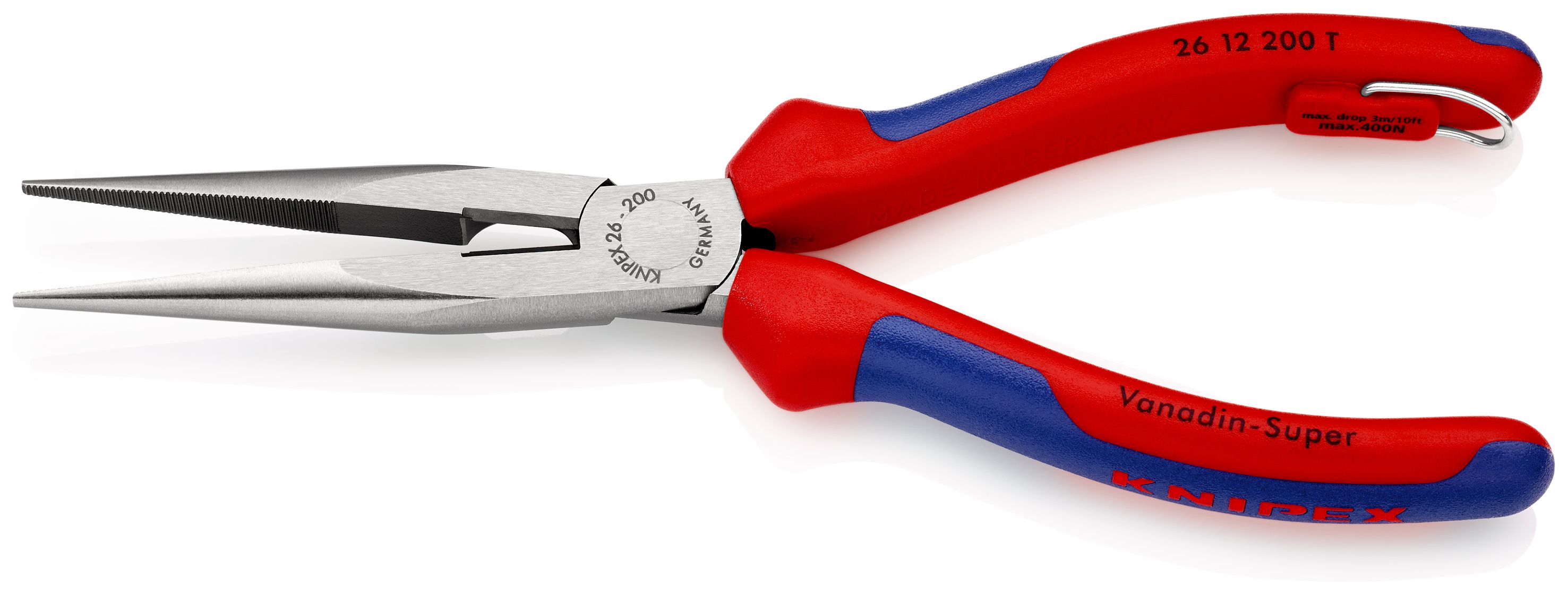 KNIPEX 26 12 200 T Půlkulaté kleště s břity (úzké ploché kleště) s vícesložkovými návleky, s integrovaným připevňovacím okem pro připevnění pojistky proti upadnutí atramentované na černo 200 mm
