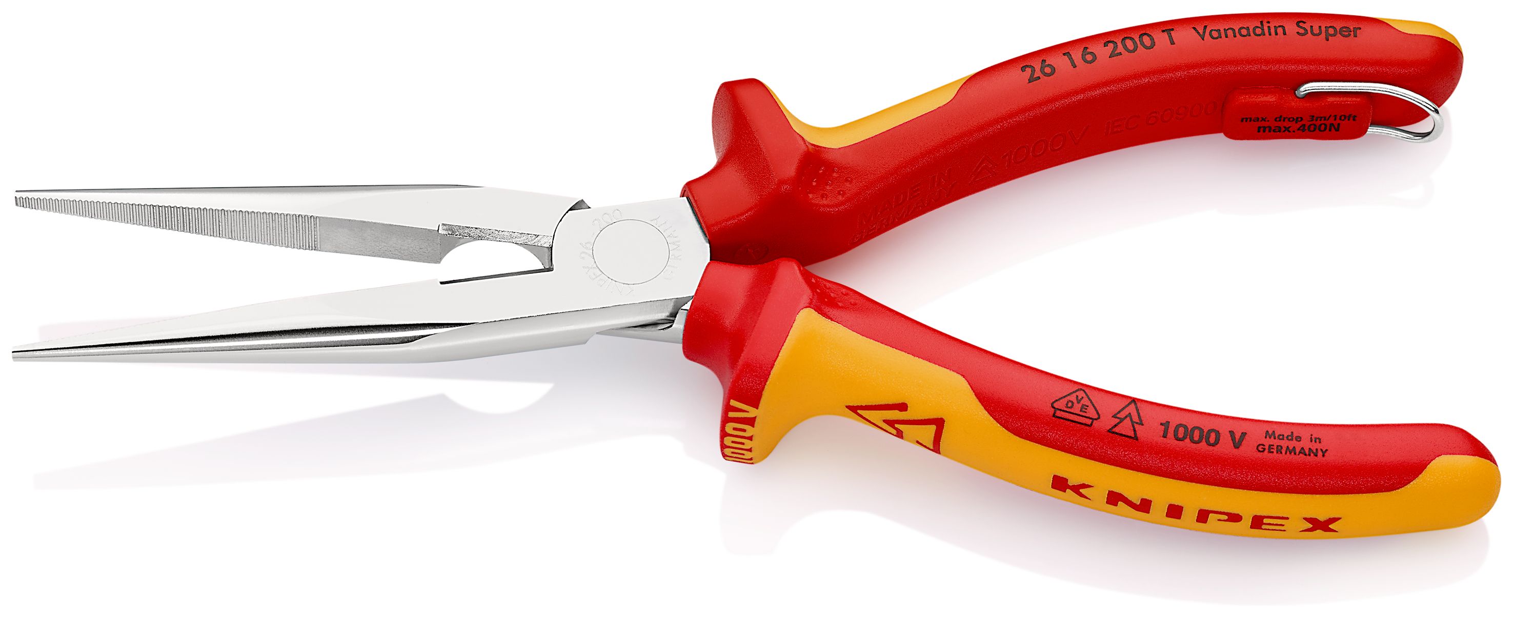 KNIPEX 26 16 200 T Půlkulaté kleště s břity (úzké ploché kleště) izolované s vícekomponentními dutinkami, odzkoušeny podle VDE, s integrovaným izolovaným připevňovacím okem pro připevnění pojistky proti upadnutí chromované 200 mm