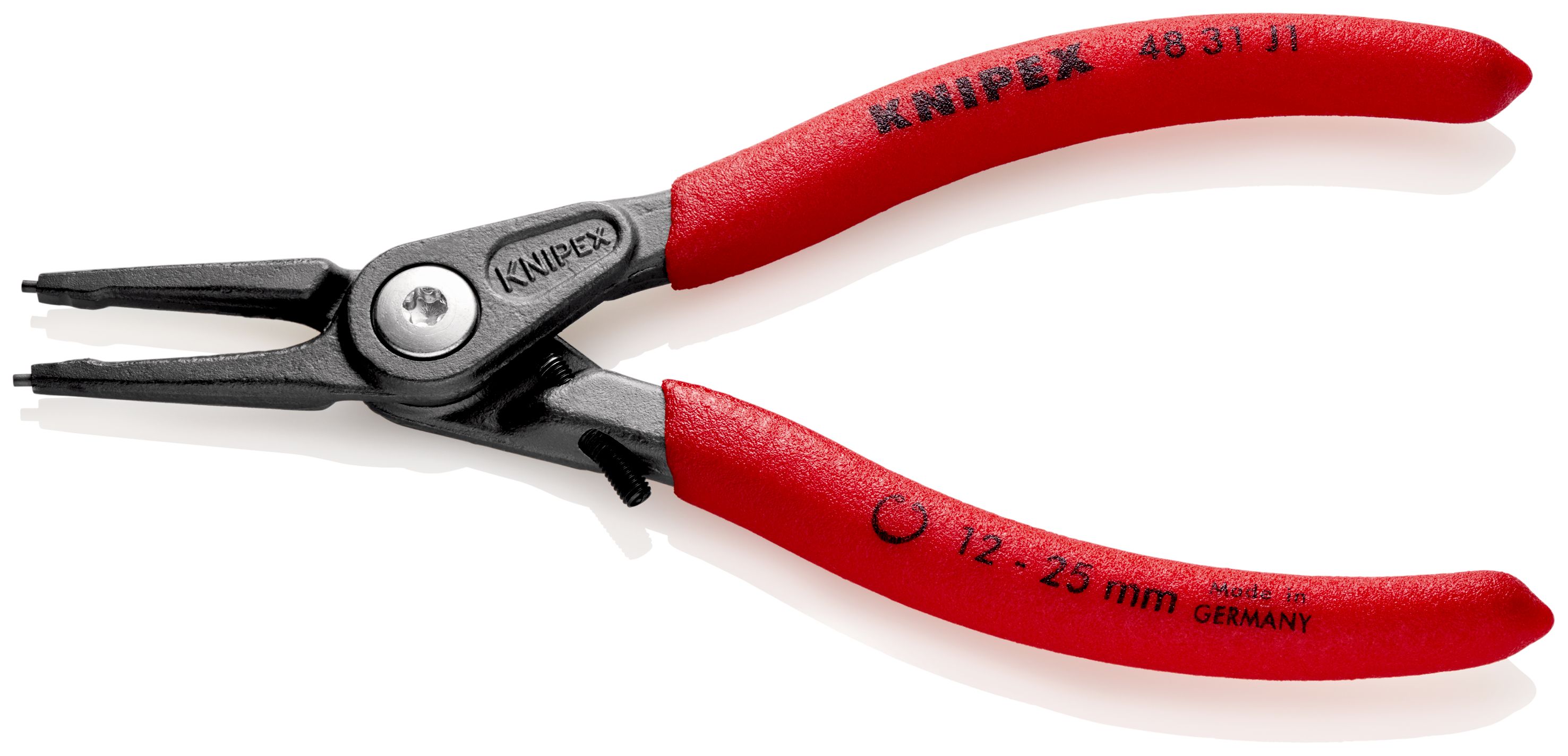 KNIPEX 48 31 J1 Precizní kleště na pojistné kroužky pro vnitřní kroužky v otvorech s omezením rozevření potaženy neklouzavým plastem fosfátováno atramentolem na šedo 140 mm