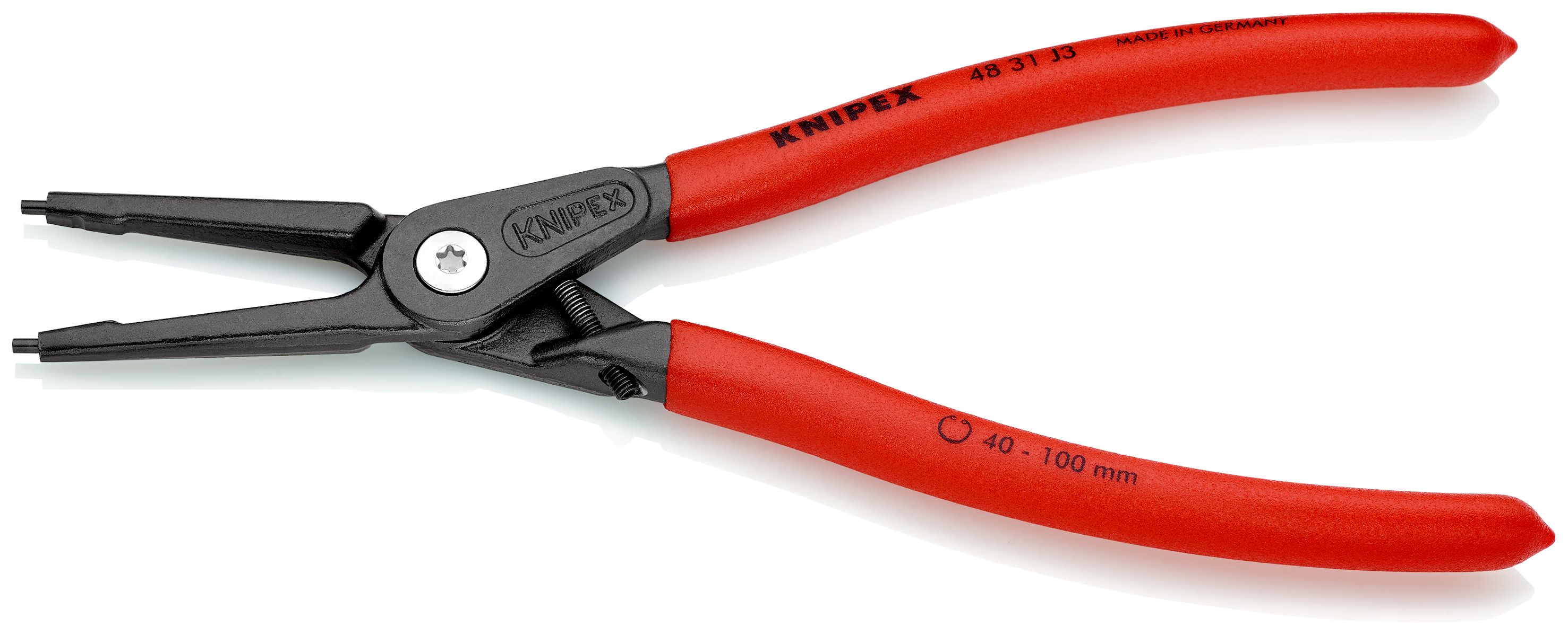 KNIPEX 48 31 J3 Precizní kleště na pojistné kroužky pro vnitřní kroužky v otvorech s omezením rozevření potaženy neklouzavým plastem fosfátováno atramentolem na šedo 225 mm