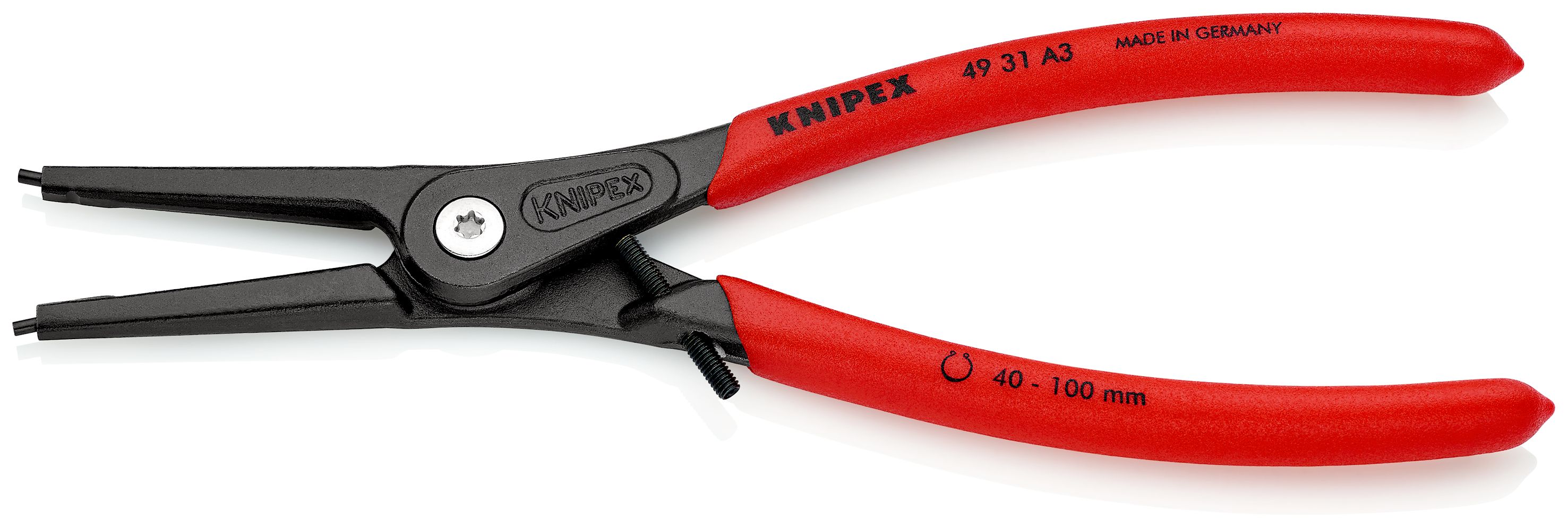 KNIPEX 49 31 A3 Precizní kleště na pojistné kroužky pro vnější kroužky na hřídelích s omezením rozevření potaženy neklouzavým plastem fosfátováno atramentolem na šedo 225 mm