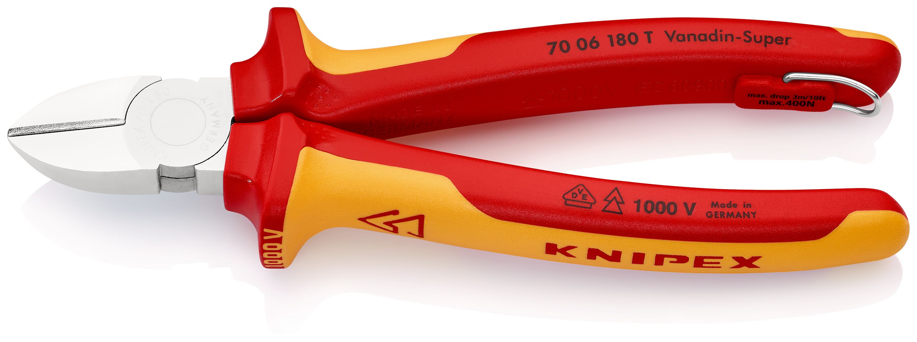 KNIPEX 70 06 180 T Boční štípací kleště izolované s vícekomponentními dutinkami, odzkoušeny podle VDE, s integrovaným izolovaným připevňovacím okem pro připevnění pojistky proti upadnutí chromované 180 mm