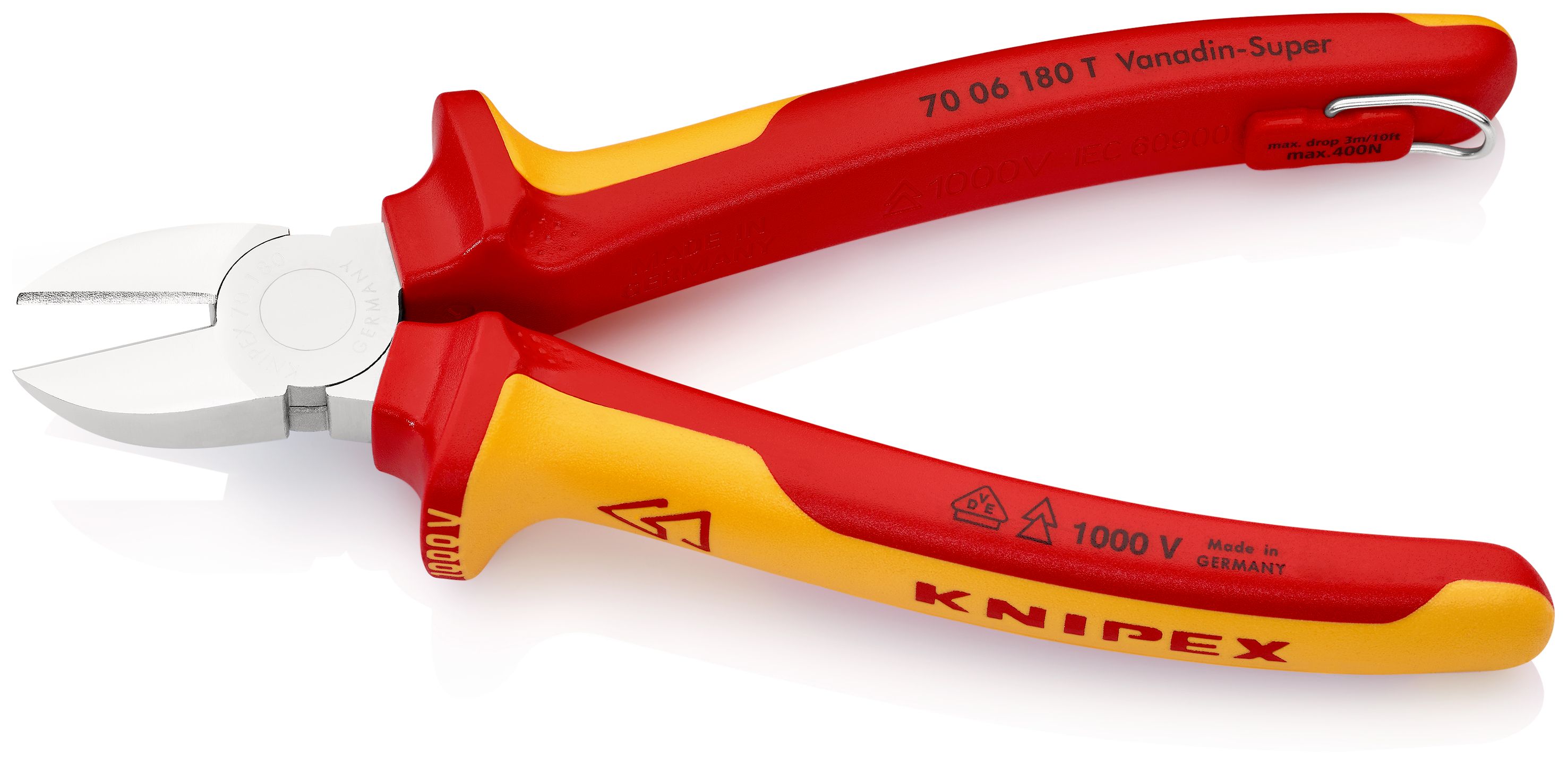 KNIPEX 70 06 180 T Boční štípací kleště izolované s vícekomponentními dutinkami, odzkoušeny podle VDE, s integrovaným izolovaným připevňovacím okem pro připevnění pojistky proti upadnutí chromované 180 mm