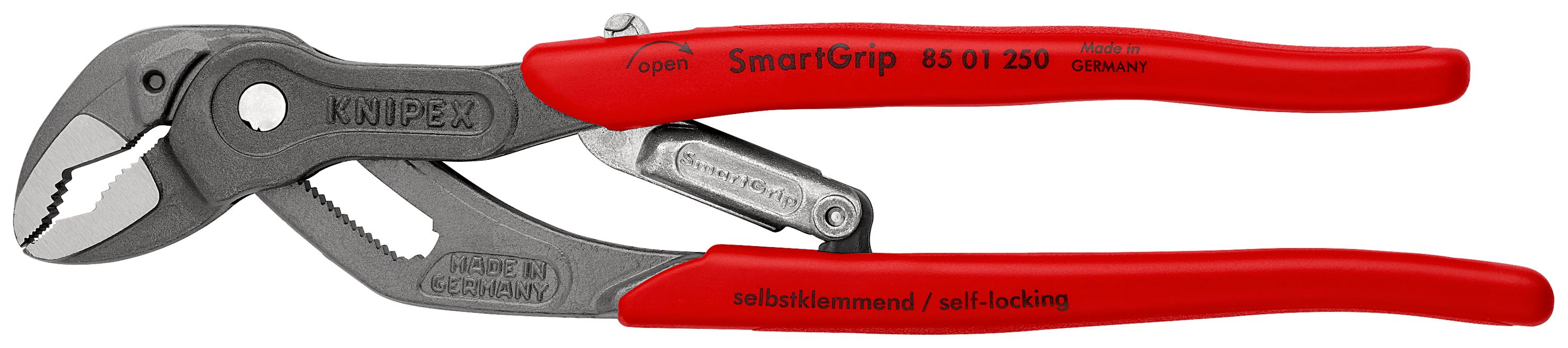 KNIPEX 85 01 250 SmartGrip® Kleště na vodní čerpadla s automatickým nastavením s návleky z umělé hmoty fosfátováno atramentolem na šedo 250 mm