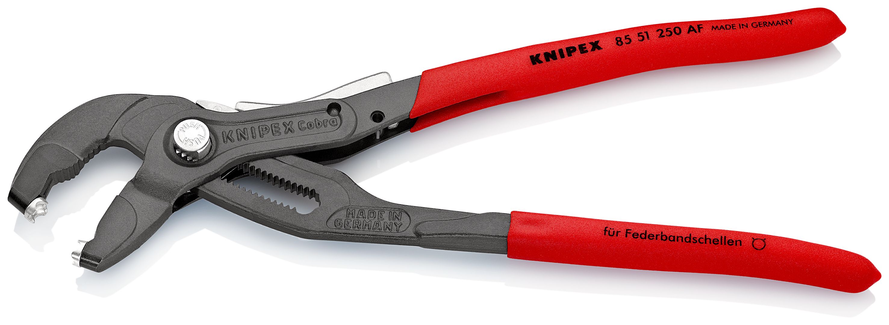 KNIPEX 85 51 250 AF Kleště na sponky s pružicími pásy se zajišťovací západkou potaženy neklouzavým plastem fosfátováno atramentolem na šedo 250 mm