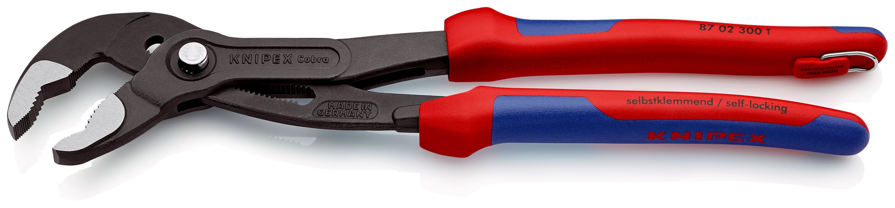 KNIPEX 87 02 300 T Cobra® Kleště na vodní čerpadla Hightech s vícesložkovými návleky, s integrovaným připevňovacím okem pro připevnění pojistky proti upadnutí fosfátováno atramentolem na šedo 300 mm