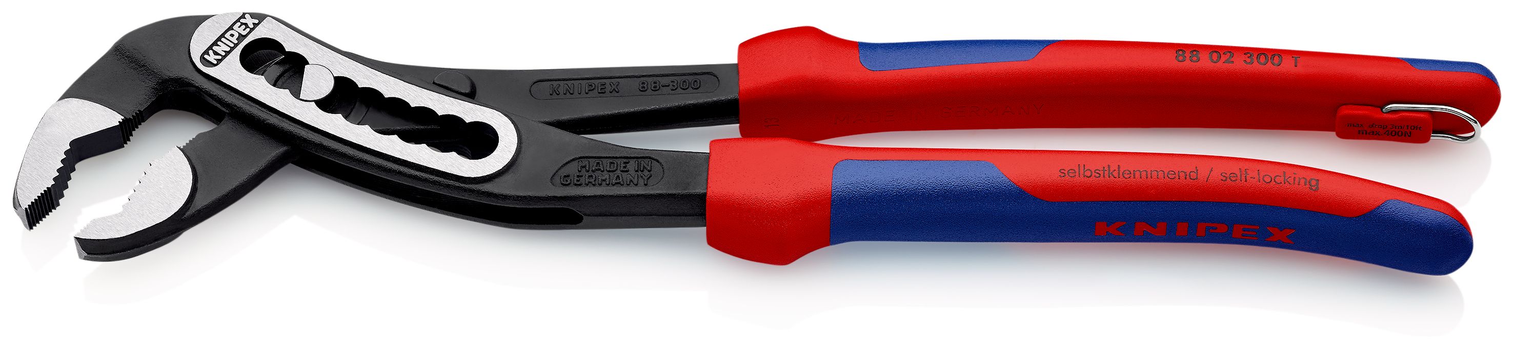 KNIPEX 88 02 300 T Alligator® Instalatérské kleště s vícesložkovými návleky, s integrovaným připevňovacím okem pro připevnění pojistky proti upadnutí atramentované na černo 300 mm