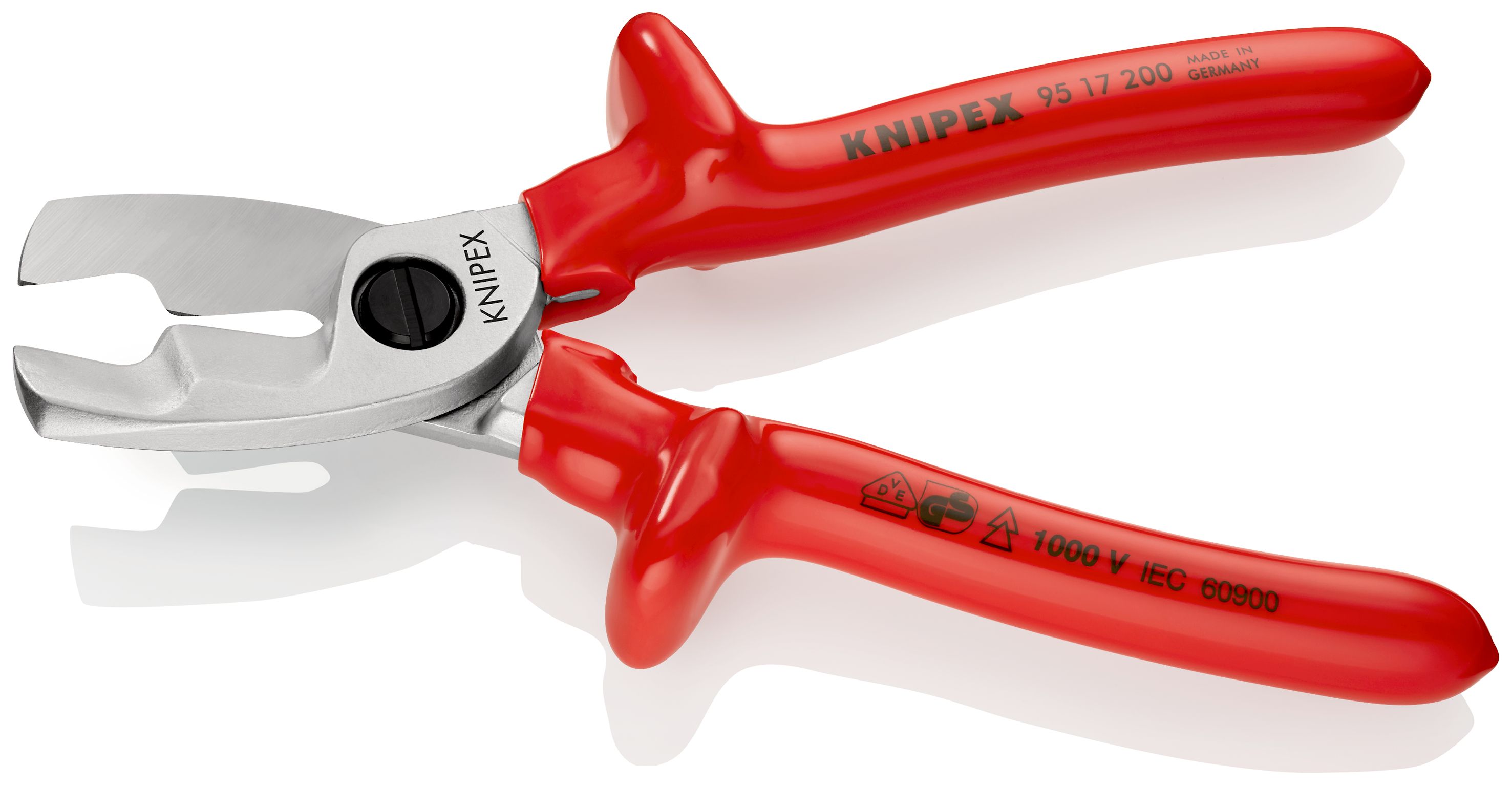 KNIPEX 95 17 200 Kabelové nůžky s dvojitým břitem izolace nanášená ponorem, zkoušeno podle norem VDE chromované 200 mm