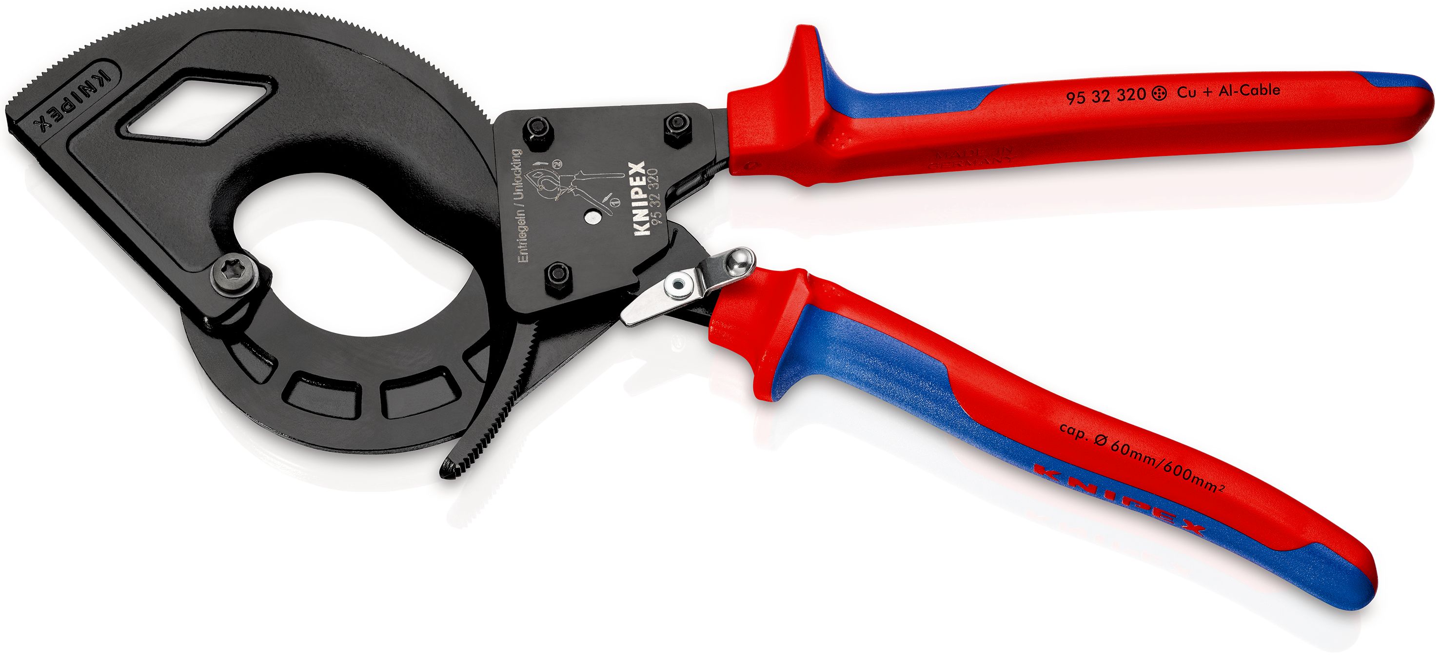 KNIPEX 95 32 320 Kleště na kabely (princip rohatky se západkou, 3rychlostní) s vícekomponentními rukojeťmi atramentované na černo 320 mm