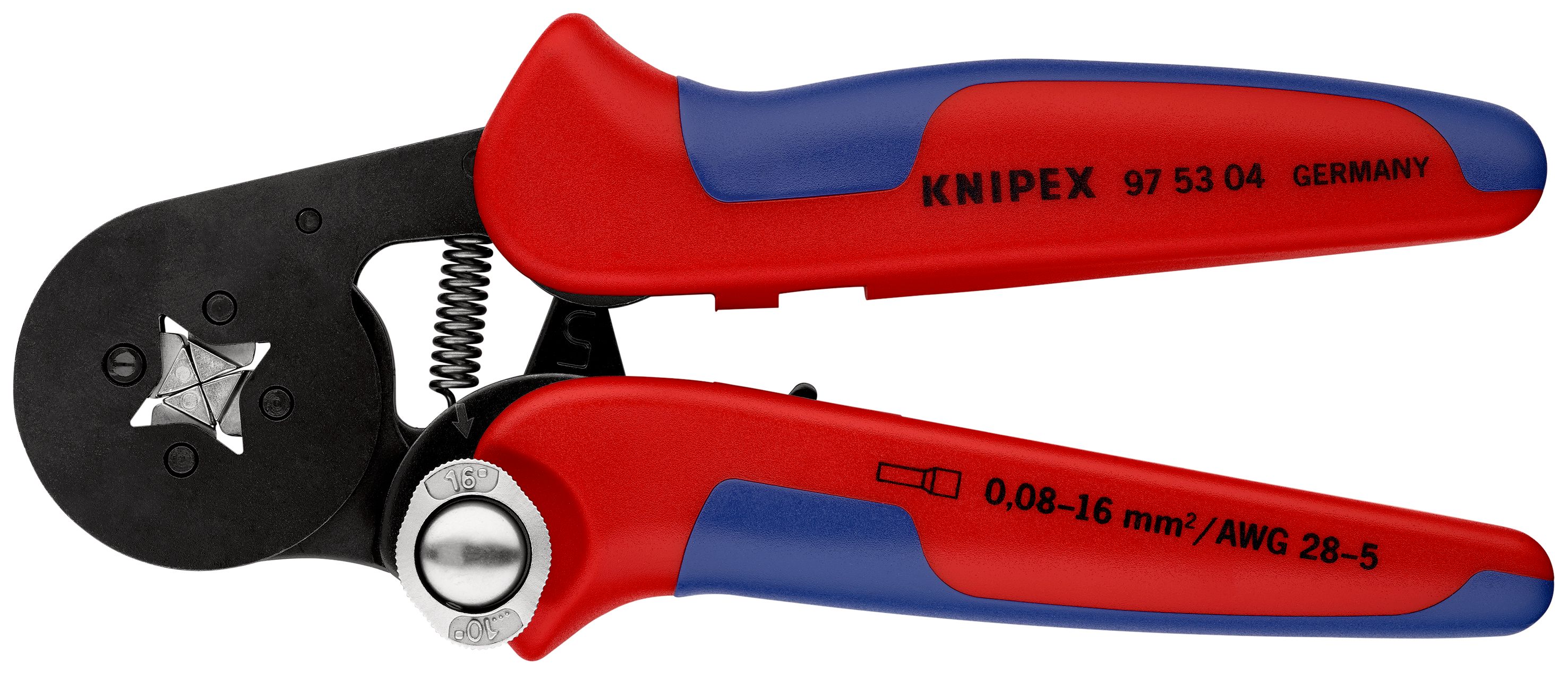 KNIPEX 97 53 04 Samonastavitelné kleště pro lisování kabelových koncovek se zaváděním z boku s vícekomponentními rukojeťmi leštěné 180 mm