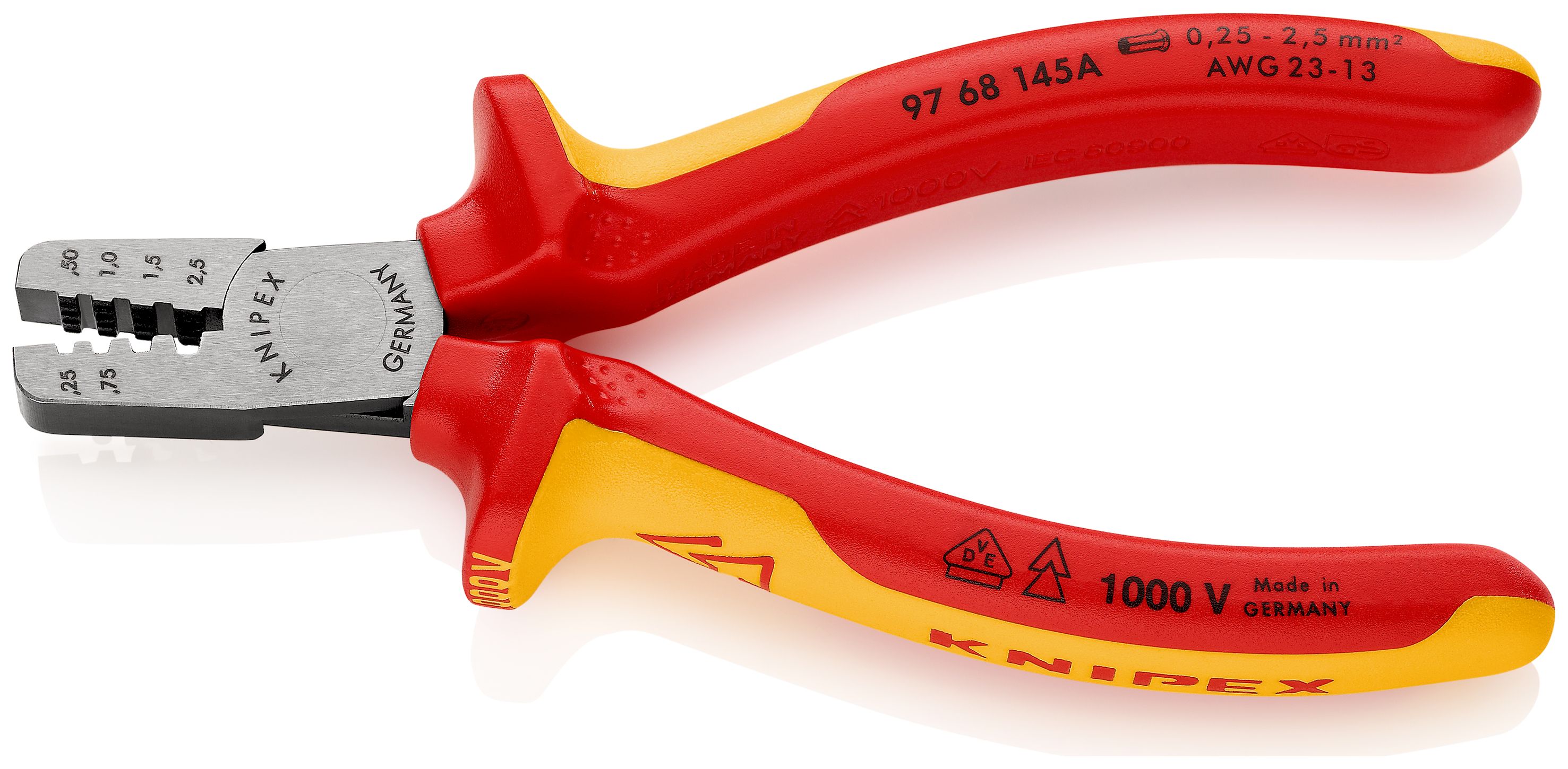 KNIPEX 97 68 145 A Lisovací kleště na koncové dutinky izolované vícesložkovými návleky, certifikace VDE 145 mm