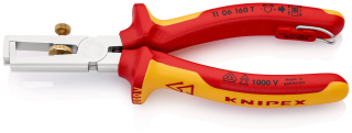KNIPEX 11 06 160 T Odizolovací kleště S otevírací pružinou, univerzální izolované s vícekomponentními dutinkami, odzkoušeny podle VDE, s integrovaným izolovaným připevňovacím okem pro připevnění pojistky proti upadnutí chromované 160 mm