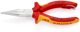 KNIPEX 25 06 160 T Půlkulaté kleště s břity (Kleště pro radiotechniku) izolované s vícekomponentními dutinkami, odzkoušeny podle VDE, s integrovaným izolovaným připevňovacím okem pro připevnění pojistky proti upadnutí chromované 160 mm