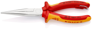 KNIPEX 26 16 200 T Půlkulaté kleště s břity (úzké ploché kleště) izolované s vícekomponentními dutinkami, odzkoušeny podle VDE, s integrovaným izolovaným připevňovacím okem pro připevnění pojistky proti upadnutí chromované 200 mm