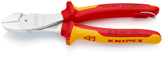 KNIPEX 74 06 200 T Silové boční štípací kleště izolované s vícekomponentními dutinkami, odzkoušeny podle VDE, s integrovaným izolovaným připevňovacím okem pro připevnění pojistky proti upadnutí chromované 200 mm